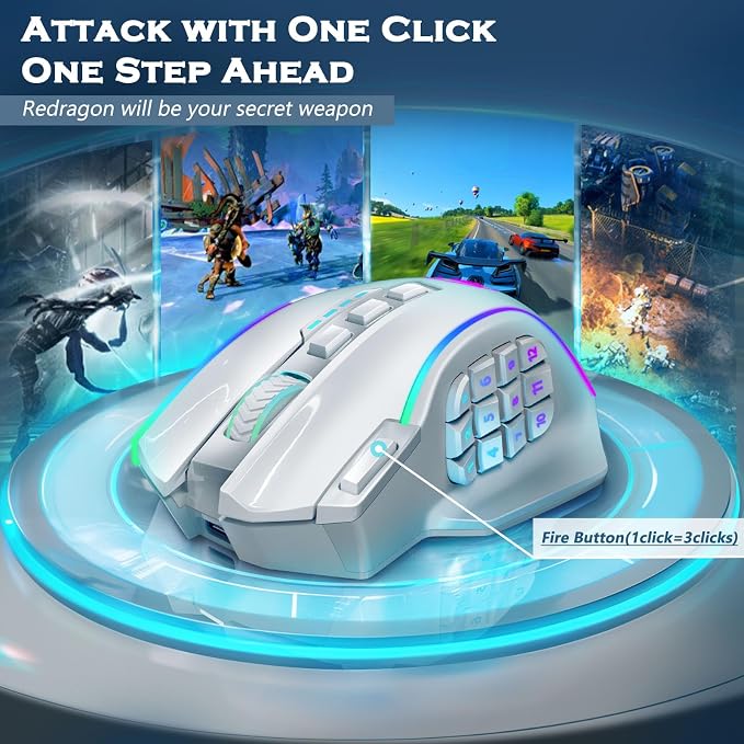 Redragon Wireless Gaming Mouse, MMO Gaming Mouse UP 16,000 DPI, 16 Macro Programmable Buttons, RGB Rechargeable Mouse with 12 Side Buttons, 70Hrs for PC Laptop MOBA FPS, White,M901P-WS - Image 4
