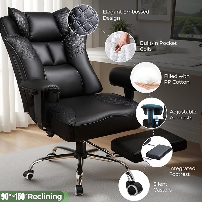 GTPLAYER Big and Tall Office Chair Wide Ergonomic Gaming Chair with Deluxe Embossing Designed Leather with Foot Rest,150°Reclining Adjustable Soft Armrests Pocket Spring Back Support and Pillow - Image 9
