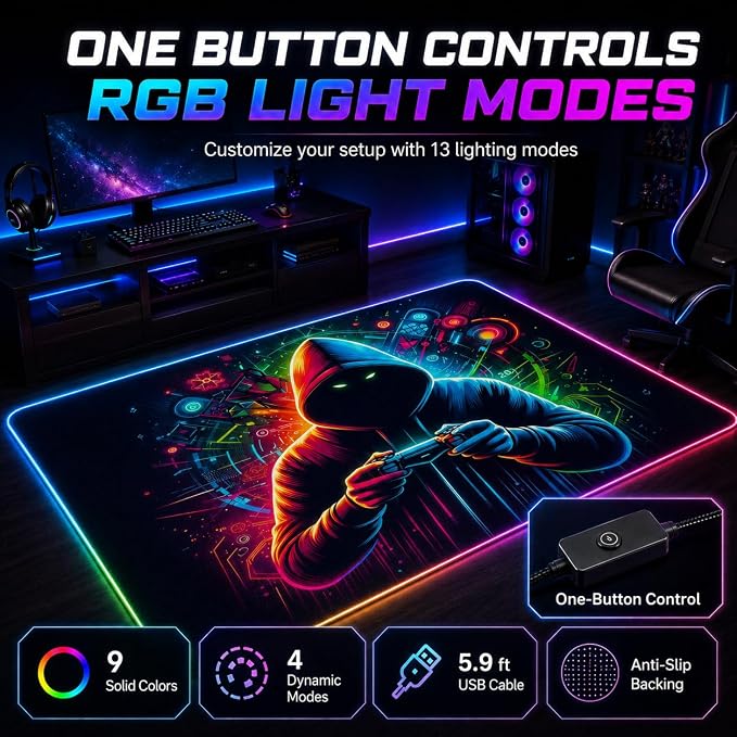 Gaming Rug RGB LED Light (3x5 Gamer) - Bedroom Gamer Rug Floor Mat Gaming Decor - Kids Room Rug Anti Slip Mat for Chair – Play Game Room Décor for Teen, Boys, Kids - Image 5