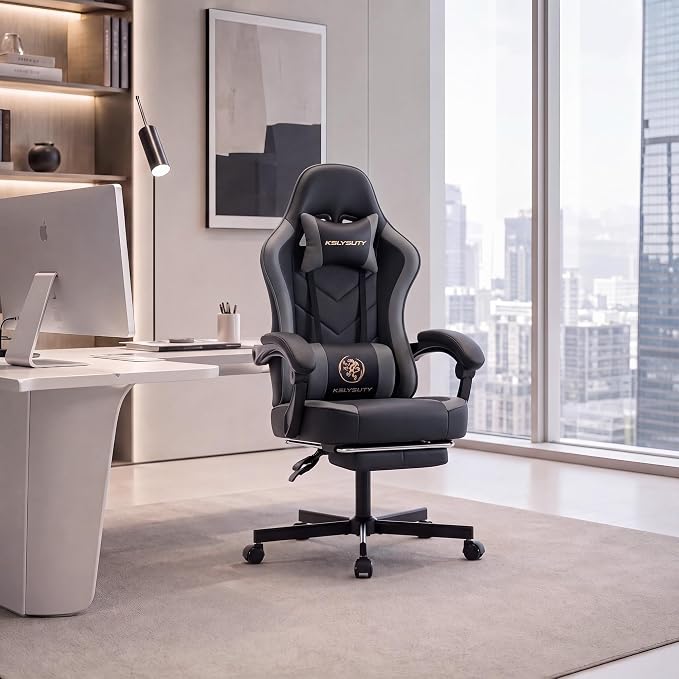 Desk Computer Gaming Chair - High Back Ergonomic Office Chair with Footrest and Lumbar Support, Swivel Comfy Home Gamer Video Game Chairs with Pocket Spring Cushion for Adults (Grey Leather) - Image 8