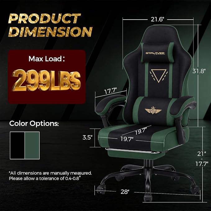 GTPLAYER Video Gaming Chair Fabric, Ergonomic Computer Chair with Footrest and Pocket Spring Cushion, Height Adjustable Video Gamer Chair with Lumbar Support for Adults, Green - Image 3