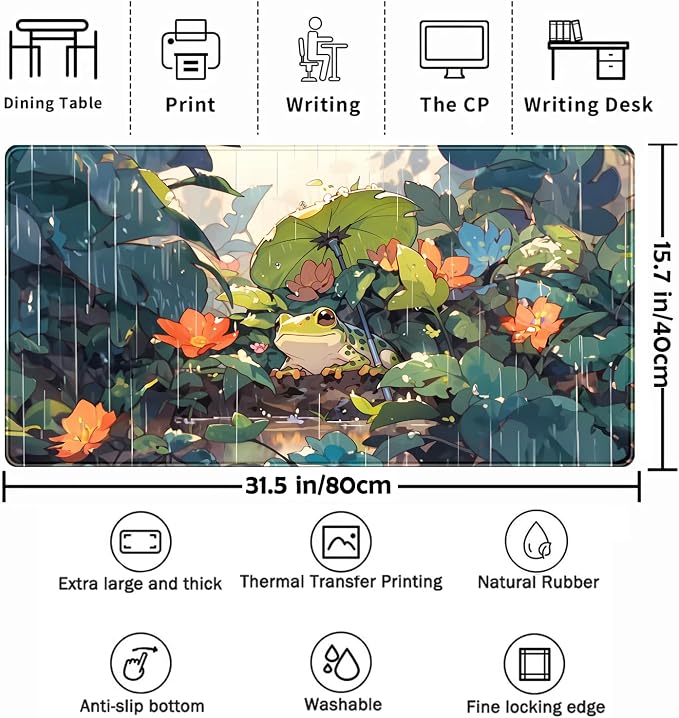 Anime Frog Mouse Pad Desk Mat Cure Frogs On Rainy Days Green Desk Decor Mat, Large Gaming Mouse Pad for Desk Computer Keyboard Laptop, Desk Decor Home Office Accessories for Girl with Stitched Eges - Image 2