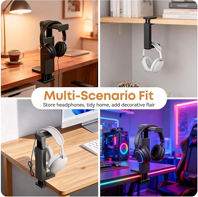 Headphone Stand & Hanger for Desk, 2 in 1 Above & Under Desk Gaming Headset Holder Mount with Height Adjustable & Rotating Clamp, Dual-sided Anti-slip Pad Earphone Rack with Clamp Headset Stand - Image 7