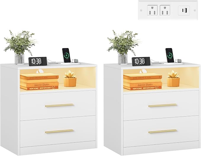 VASAGLE 23.6‑Inch Wide Nightstands, Set of 2, LED Lights, 2 Drawers by Unknown
