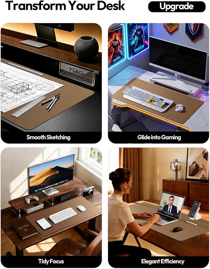 YSAGi Leather Desk Protector, Office Mat, Large Mouse Mat, Non-Slip PU Leather Blotter, Laptop Desk Pad, Waterproof Writing Pad for Office and Home (Shiny Bronze, 23.6" x 13.8") - Image 2