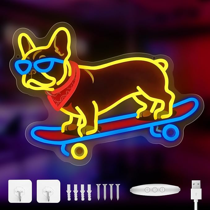 French Bulldog Skateboarding Neon Sign, Skateboard Dog Frenchie Wearing Glasses Neon Signs | Dimmable LED Bulldog Wall Art Decor | Frenchie Dog Lover Gifts - Image 3