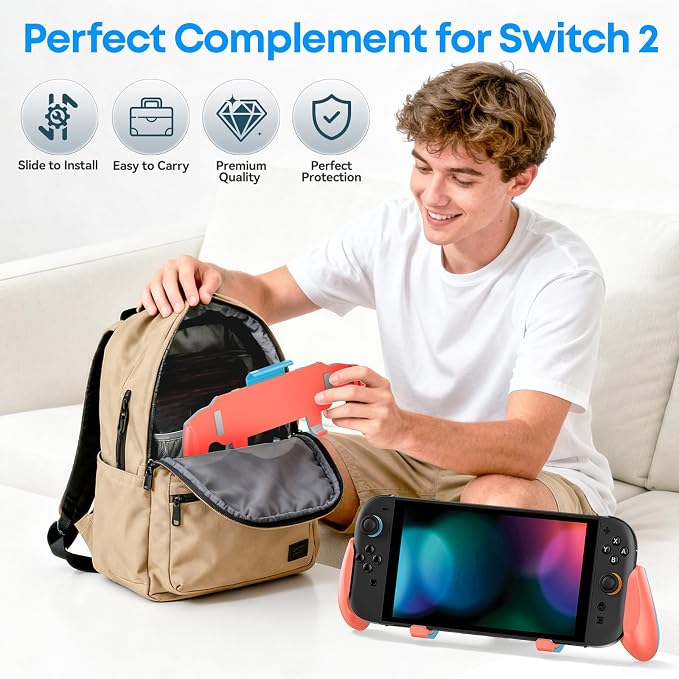 OIVO Grip Compatible with Nintendo Switch 2, Switch 2 Ergonomic Grip Case with Adjustable Stand, Comfort Game Accessories with 5 Game Card Slots and 4 Thumb Caps, Orange Blue - Image 7