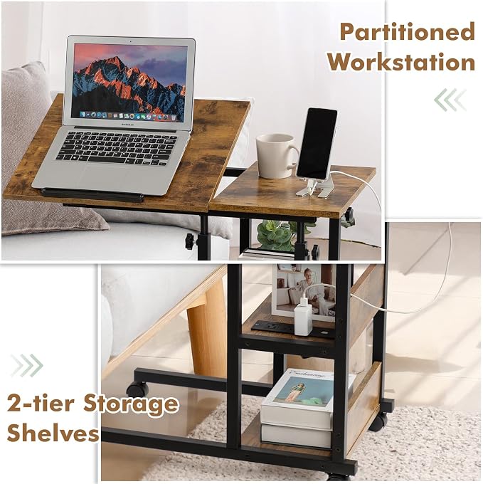 Hadulcet Adjustable C Table with Charging Station, Tiltable Desk C Shaped End Table for Couch, Over Bed Table with Wheels Adjustable Height, Hospital Table Laptop Stand Drawing Desk, Rustic Brown - Image 7
