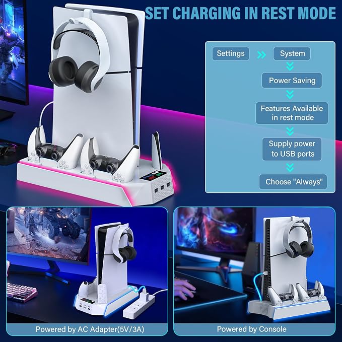 Slim Cooling Station Stand LED with Dual Controller Charging Station for PlayStation 5 Console, PS 5 Accessories Incl. Controller Charger, Cooling Fan, Headset Holder, 3 USB Hub- LED White - Image 9