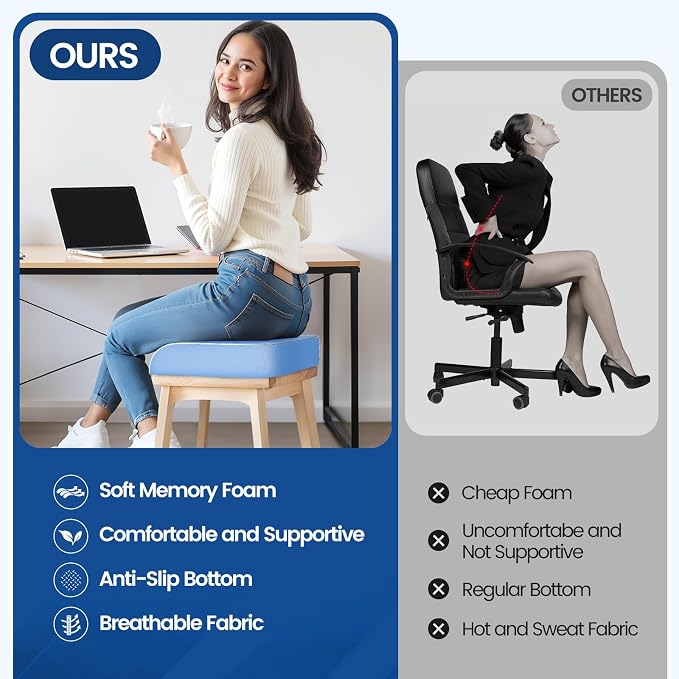 SweetSlubr Seat Cushion, Chair Pad, Memory Foam Tailbone Pain Relief | Office Chair Cushion for Tailbone Pain Relief, Non-Slip Cover, Soft Support for Office Chair, Car Seat,Large/Light Blue - Image 7