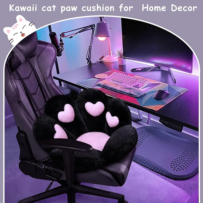 DOBUONO Cat Paw Cushion Kawaii Office Chair Cushion Comfy Plush Gaming Chair Cushion Kawaii Seat Cushion for Girl, Cute Gaming Accessories Room Bedroom Decorate 27.5"x 23.5" (Black) - Image 6
