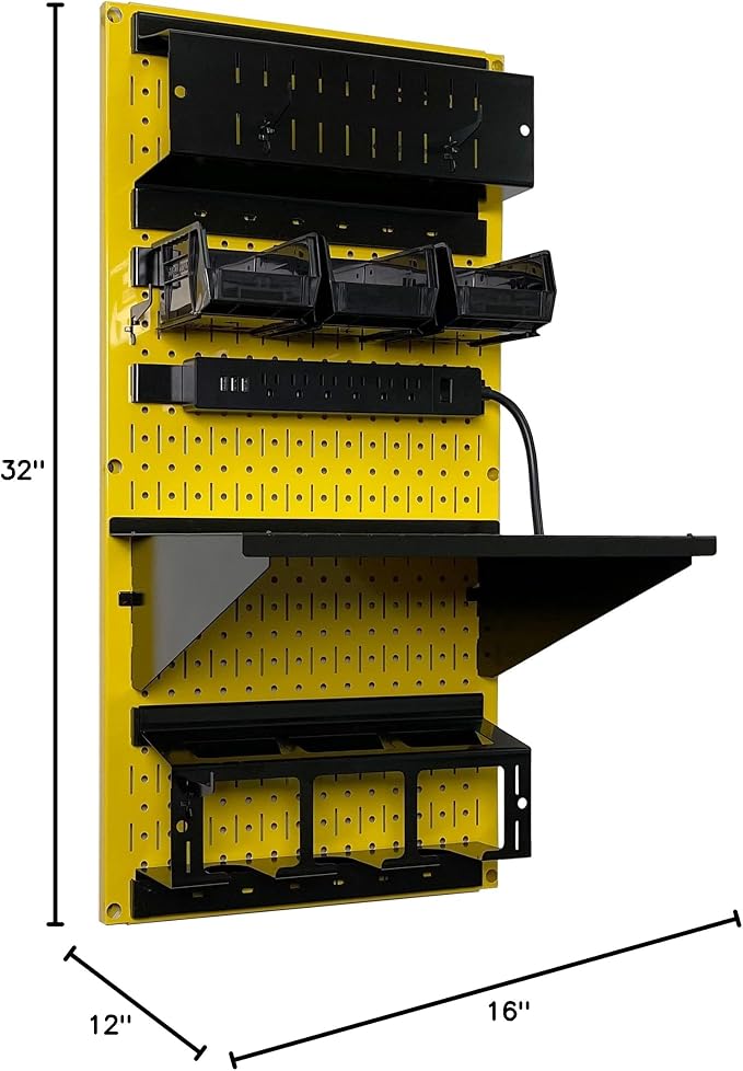 Wall Control Power Tool Storage Organizer Kit Cordless Drill Holder Charging Station Rack 16” x 32” Metal Pegboard Organization System (Yellow Pegboard) - Image 10