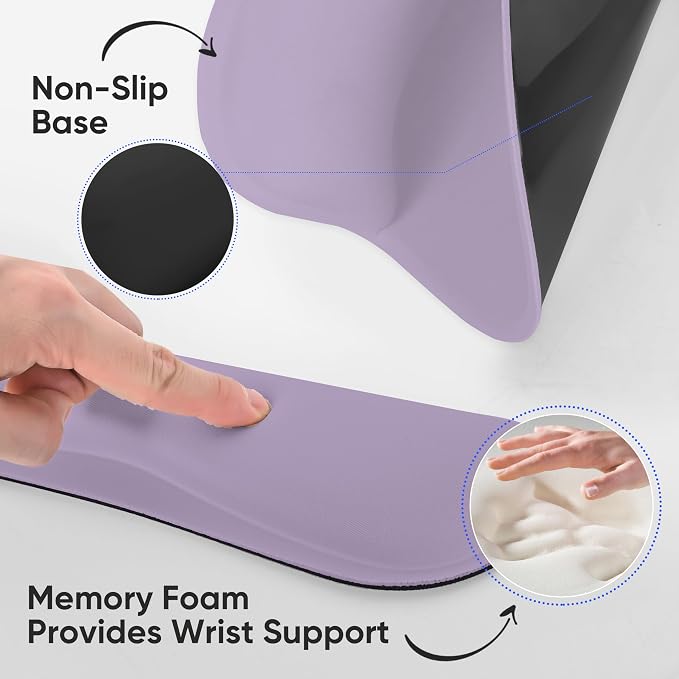 RICHEN Wrist Rest Support for Mouse Pad&Keyboard Set with Coaster,Concave Curved Memory Foam, Non-Slip Base Pain Relief Comfortable Easy Typing Pad for Home/Office (Lavender Purple) - Image 3