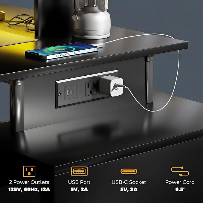 HOMCOM 56" Gaming Desk Monitor Stand Power Outlets LED Lights, Black | Computer Desk, Storage Shelves, Fabric Drawers, 2 CPU Stands, Pegboard, Home Office - Image 4