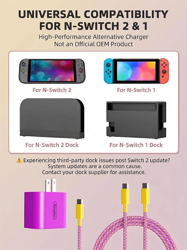 Switch 2 Fast Charger 60W - Vibrant Colors, 6.6FT Type-C Power Supply Adapter for Switch 1/2/OLED/Lite, Steam Deck, Supports 4K TV Dock Mode (20V/3A) (Purple & Orange) - Image 2