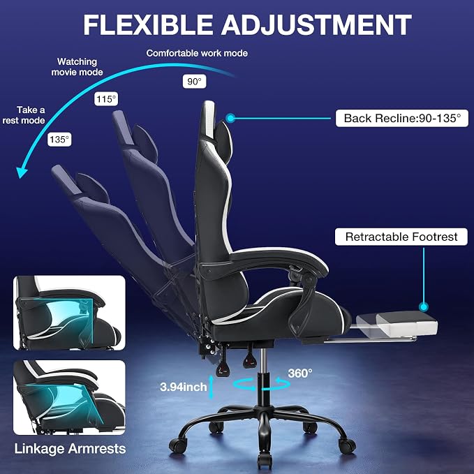 RGB Gaming Chair with LED Lights Massage Ergonomic Computer Chair-White | High Back Video Game Chair with Footrest & Adjustable Lumbar Support Gamer Chairs for Adults Racing Style Recline - Image 8