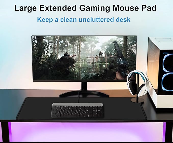 Mouse Pad Gaming, Extra Large Mousepad with Stitched Edges, Non-Slip Base | Large MousePad, Premium Microfiber Cloth Surface, Waterproof Keyboard Desk Mat for Home Office Gaming, 31.5 x 11.8 in, Black - Image 6