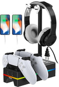 PS5 Controller Charger with USB Charging Port and AC Outlet, RGB DualSense Charging Station Dock for Playstation 5 Controllers with Headphone Stand, PS5 Accessories by Hiree