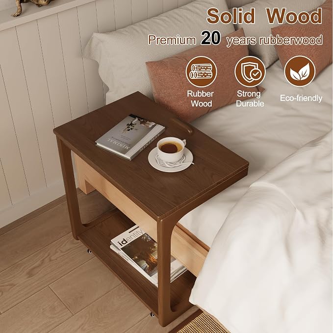 AQIMUELE Wooden C-Shaped End Table,Couch Table with Adjustable Desktop,Small Rolling Side Table with 2 Lockable Wheels 23.6" Width,Small End Table for Couch, Living Room,Bedroom (Walnut) - Image 7