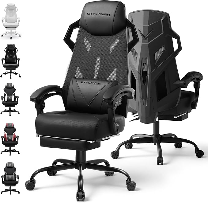 GTPLAYER Computer Chair with Adjustable Footrest, Ergonomic Gaming Chair with Headrest and Lumbar Support, Breathable Mesh Office Chair for Adults, High Back Reclining Desk Chair for Gaming and Office by GTPLAYER