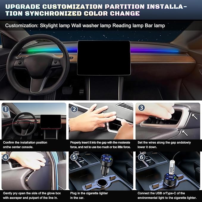 Dreamcolor Acrylic Interior Car LED Strip Light with USB/Type C/4-Port Cigarette Lighter, RGB 2 in 1 with 110.2 inches LEDs Ambient Lighting Kits, Sound Active Function Neon Led Strips for Car - Image 6
