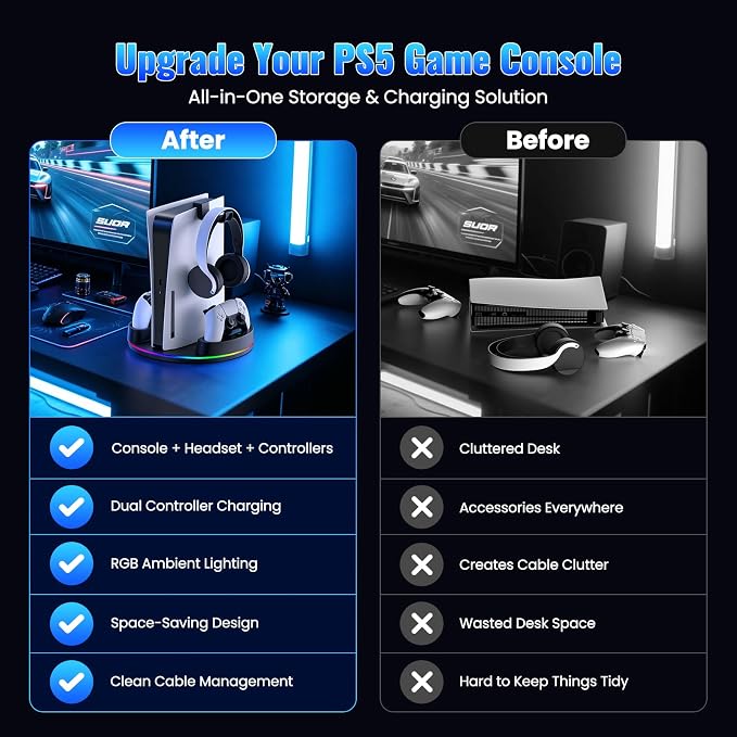 NEWDERY for PS5/Slim/Pro Console Stand with Controller Charger - Image 6