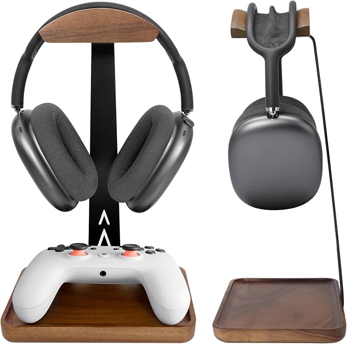 GEVO Headphone Stand, Walnut Wood Headset Stand with Controller Holder, Headphones Holder for Gaming, Office and Desk Compatible with AirPods Max, Bose, Sennheiser, Corsair by GEVO