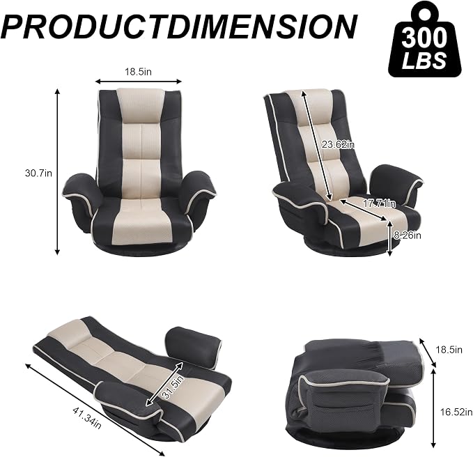 Swivel Floor Chair for Adults, 14-Position Adjustable Floor Gaming Chair with Back Support & Armrests, Foldable Lazy Sofa Lounge, Breathable Mesh for Gaming Reading Meditation (Grey/Beige) - Image 2