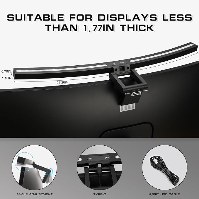 Curved Monitor Light Bar with RGB Backlight, 3 Color Temperature and Stepless Dimming, Music Sync LED Screen Strip with Touch Control Buttons for Computer Screens - Image 6