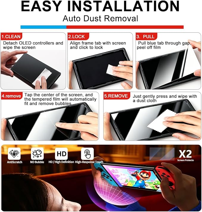 Accessories Bundle for Nintendo Switch 1/OLED, OUNFNOE 19-IN-1 Kits for Switch OLED Accessories, Carrying Case, Controller Charging Dock, Joy-Con Thumb Grips, Tempered Screen Protector, Steering Wheels for Mario Kart, Protective Console Cover - Image 7