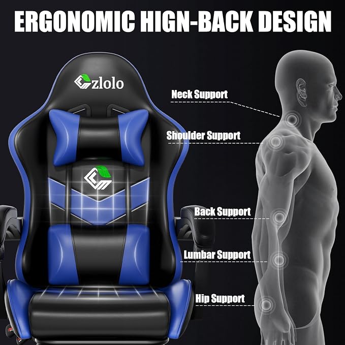 Czlolo Gaming Chair with Footrest Racing Style Lumbar Support Massager Video Game Chair with Metal Legs, High Back Gamer Chair with Headrest, 360° Swivel Office Computer Desk Chair, Navy Blue - Image 4
