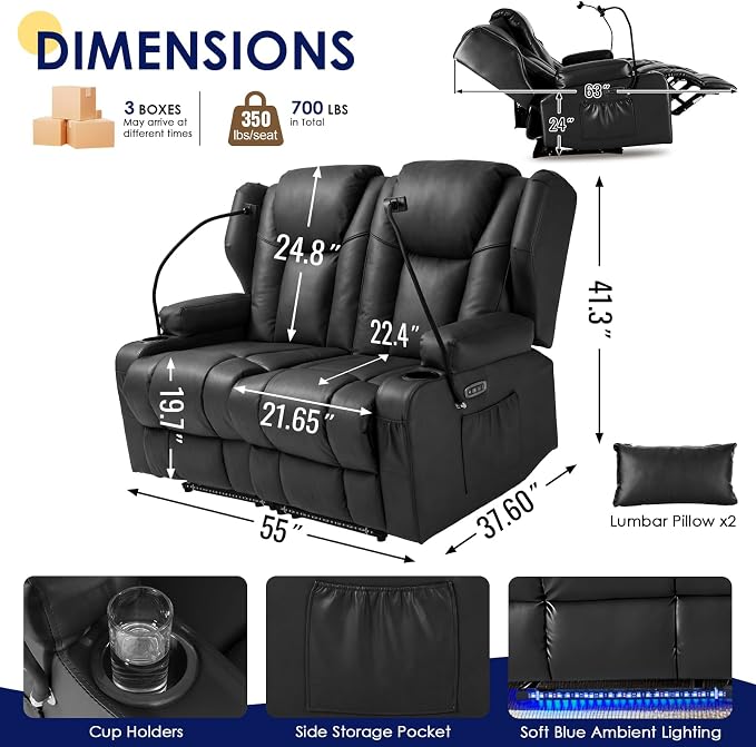 Redlife Power Loveseat Recliner Sofa with Blue LED Base Lights - Image 3