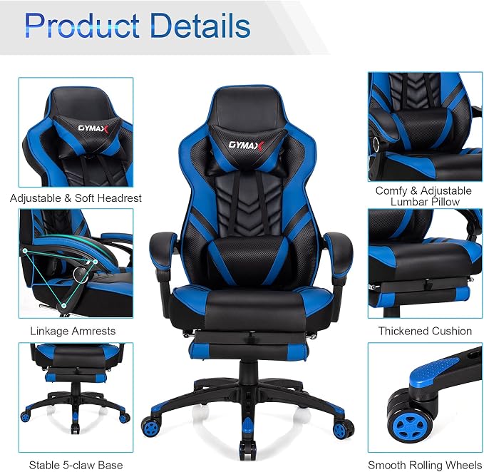 GYMAX Gaming Chair, Ergonomic Computer Chair with Footrest, Linkage Armrests & Lumbar Cushion, Big Wide High Back Video Gaming Chair, Reclining Office Rolling Chair for Adult/Teens (Blue) - Image 4