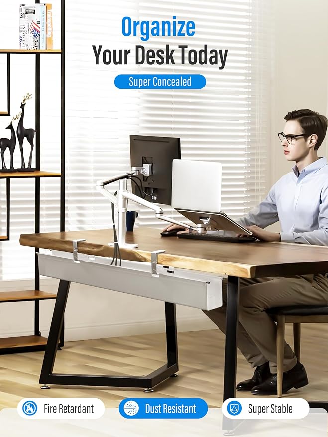 [Upgraded] Large Under Desk Cable Management Tray, Cinati Cable Management Under Desk No Drill, 28.4" Fabric Cord Hider for Wire Organizer, Cord Organizer for Office, Home - Supports Up to 30lbs White - Image 7