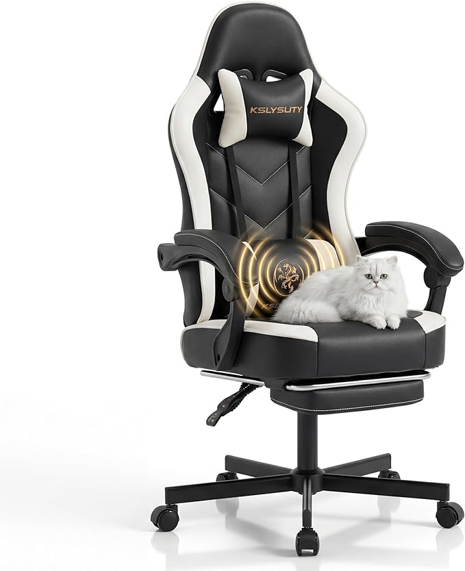 Desk Computer Gaming Chair - High Back Ergonomic Office Chair with Footrest and Lumbar Support, Swivel Comfy Home Gamer Video Game Chairs with Pocket Spring Cushion for Adults (White Leather) by KslysutyFurniture