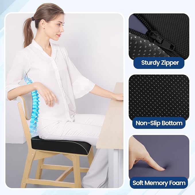 SweetSlubr Seat Cushion, Chair Pad, Memory Foam Large Cushion | Office Chair Cushion for Tailbone Pain Relief, Non-Slip Cover, Soft Support for Office Chair, Car Seat, Airplane,Large/Black - Image 3