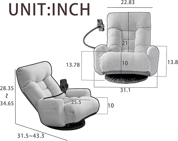 360° Swivel Floor Gaming Chair Linen Folding Lounge Sofa Chair with Adjustable Head and Waist, Armrests & Phone Holder, Padded Cushion Leisure Chairs for Living Room Bedroom (Grey) - Image 2