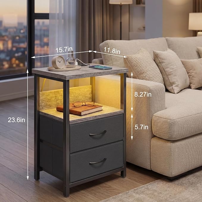 Fixwal Night Stand with Charging Station, Led Nightstand, 2 Fabric Drawers - Image 3