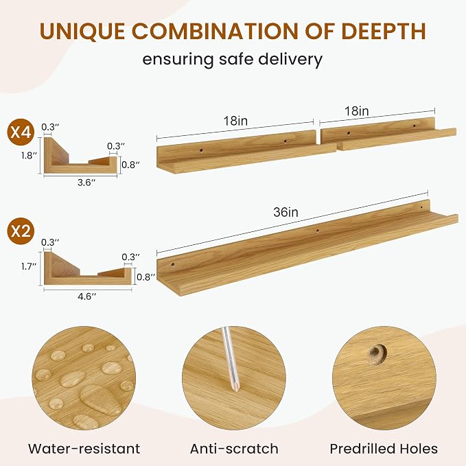 Picture Ledge Shelf, Floating Shelves for Wall Decor, Oak, Set of 6, 36'' - Image 3