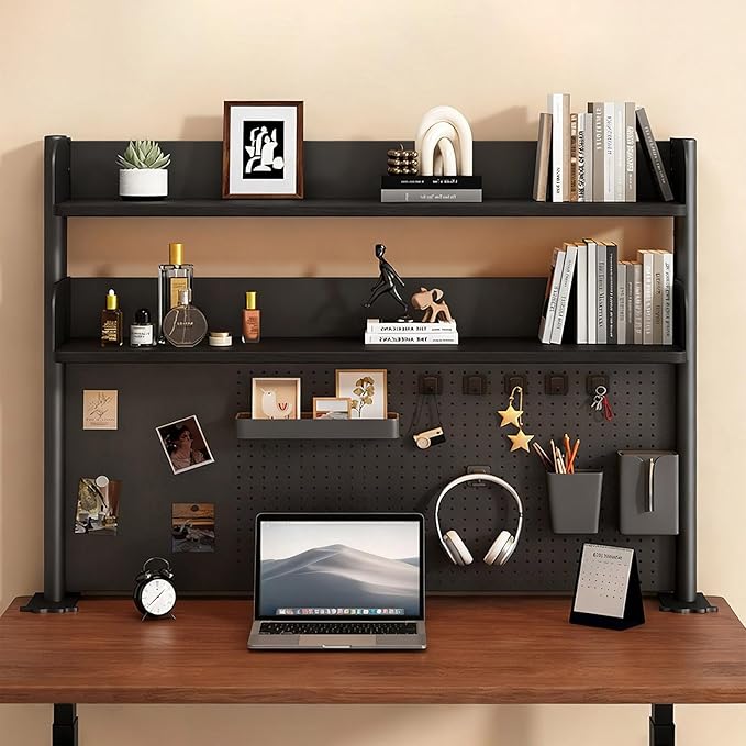 Clamp On Desk Shelf Organizer with Pegboard Desk Hutch Dorm with Storage Bookshelf Desk Top Organizer Shelf Multi-Purpose White & Black Desktop Shelves & Office Shelves (Black, W - 39.4") - Image 3