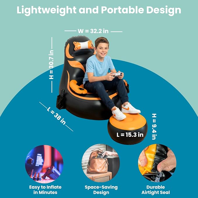 Inflatable Gaming Chair for Kids – Supports Up to 300 lbs, Includes Air Pump, Cup Holder, 2 Pockets – Durable Bean Bag Seat, Comfy Kids Gaming Chair & Top Gamer Chairs for Kid Room - Image 2