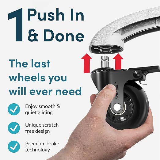 Lifelong Brake Office Chair Wheels Replacement, Heavy Duty, Black, 5-Pack | Original Rubber Caster, Desk Wheels, Smooth & Quiet, Safe for Hardwood Floors & Carpet, Replace Office Chair Mats, Fits 98% - Image 4
