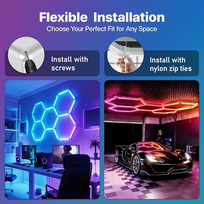 HYPERLITE Hexagon Garage Lights: Gen IV-11 Grid RGB Hexagon LED Lights with Music Sync Mode, App & Remote Control, Multi-Color Honeycomb Light for Gaming Room, Gym, Garage - Image 7