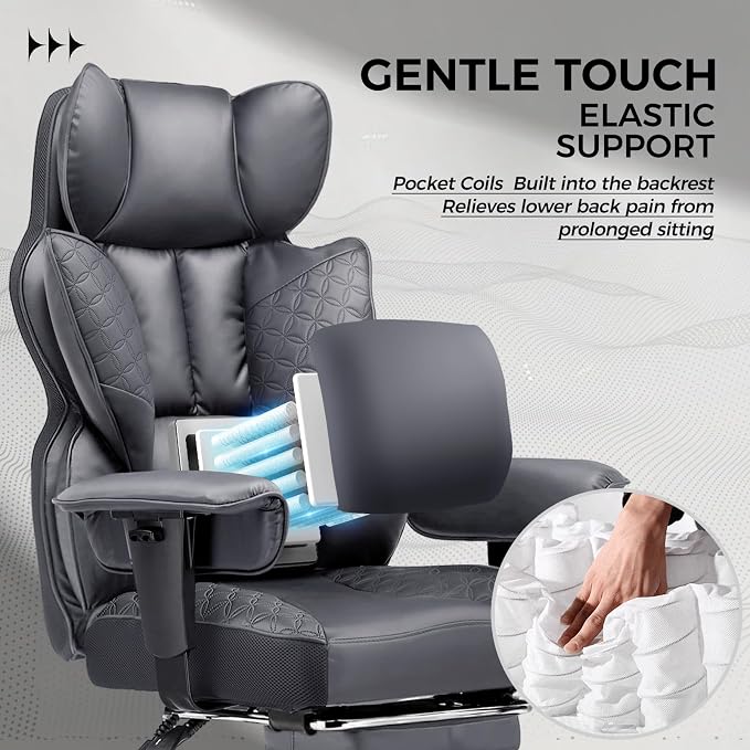 COMHOMA Big and Tall Office Chair Heavy Duty Wide Ergonomic Gaming Chair with Deluxe Embossing Designed Leather with Foot Rest,150°Reclining Adjustable Armrests Pocket Spring Back Support and Pillow - Image 4