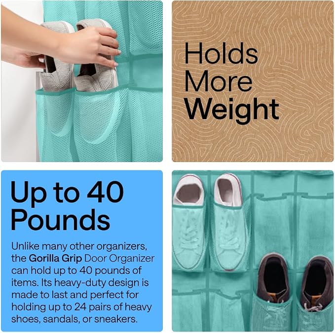 GORILLA GRIP Over the Door Shoe Organizer, 24 Large Pockets, Turquoise - Image 3