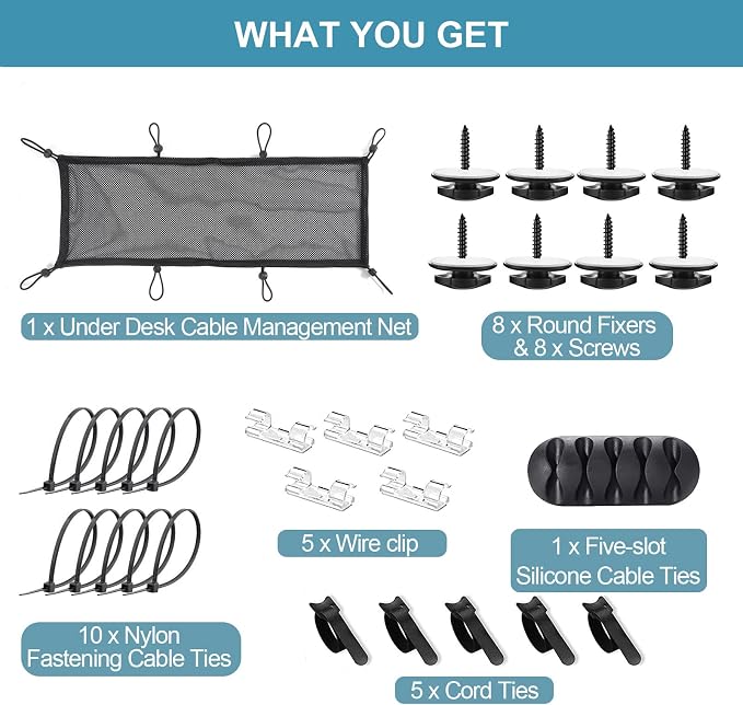 Under Desk Cable Management Net, 36PCS Under Table Cord Management Mesh Organizer Flexible Wire Hiders, Extra Large Capacity Wire Management Kit Under Desk, Fits Most Tables - Image 5