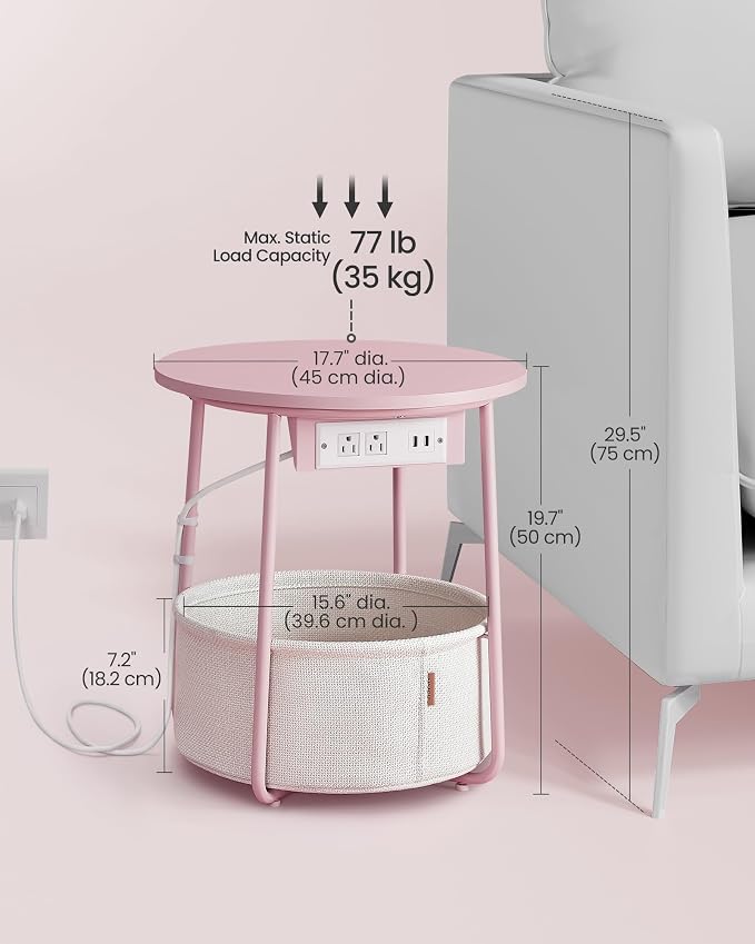 VASAGLE Side Table with Charging Station,Fabric Basket, Round End Table - Image 2