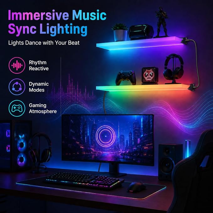 RGB LED Floating Shelves, 2-Pack, App Control, Gaming Room Decor - Image 5