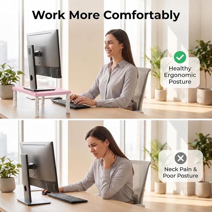 OPNICE Adjustable Monitor Stand Riser for Desk, Wood Computer & Laptop Stand, Desk Organizers and Accessories, Office Desk Accessories & Workspace Organizer for Home Office Supplies, Pink - Image 4