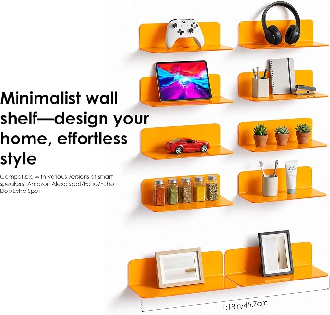 OAPRIRE Small Acrylic Floating Wall Shelves Set of 2, Flexible Use of Wall Space, 9 Inch Adhesive Display Shelf for Security Cameras/Smart Speaker/Action Figures, with Cable Clips - Clear Orange - Image 7